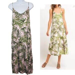 NWT Lush Womens Sz Pink Palm Print Tiered Back Tie Detail Midi Dress(1717)